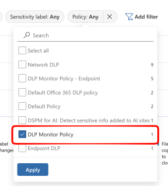 Screenshot of Activity Explorer with Policy name filter applied