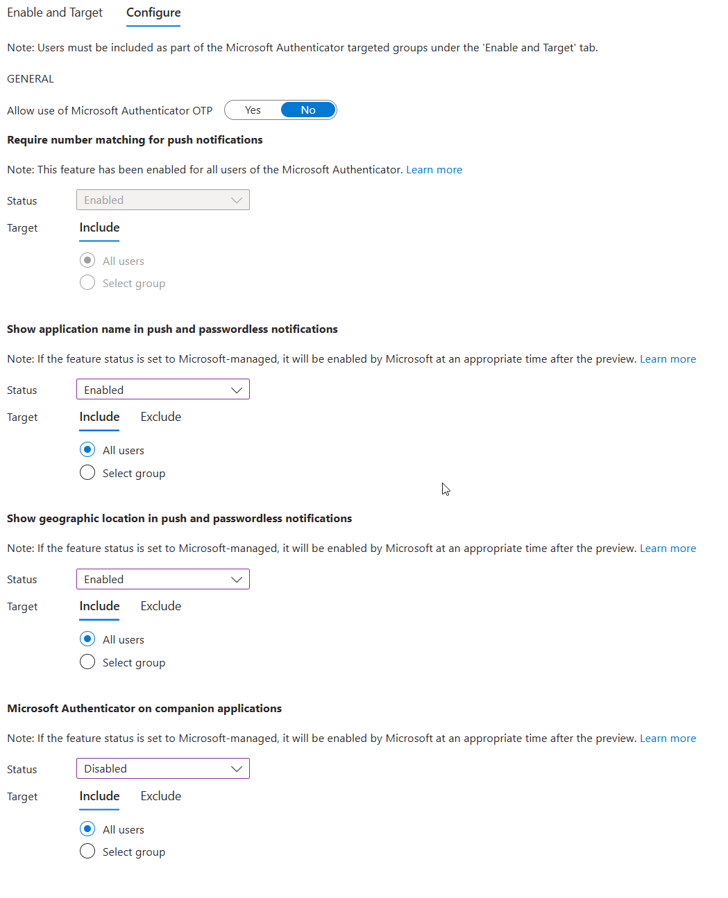 Screenshot of a software configuration page for Microsoft Authenticator options settings.