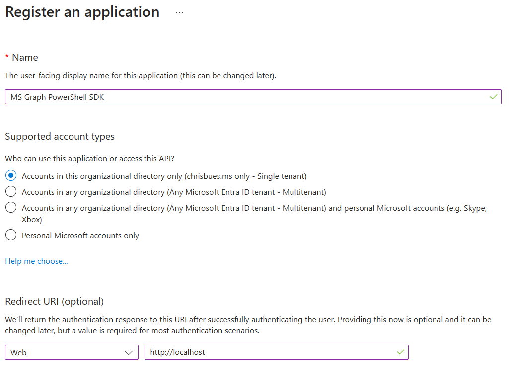 Screenshot of a registration form for an application, with fields for name, account type selection, and redirect URI.