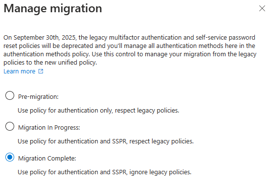 Manage migration dialog box with options for pre-migration, in progress, and complete.