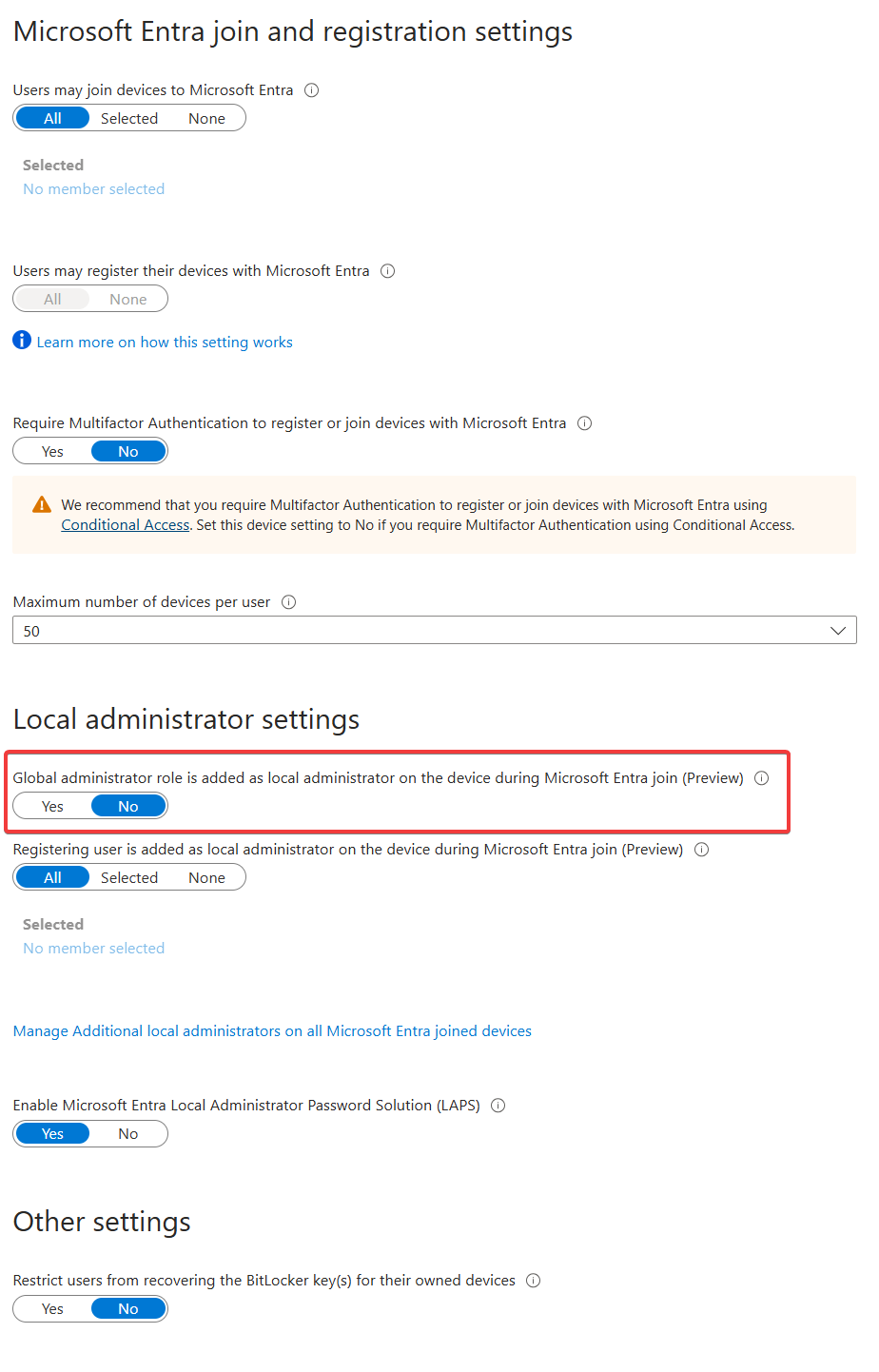Screenshot of Microsoft Entra join and registration settings webpage with various toggles and options.