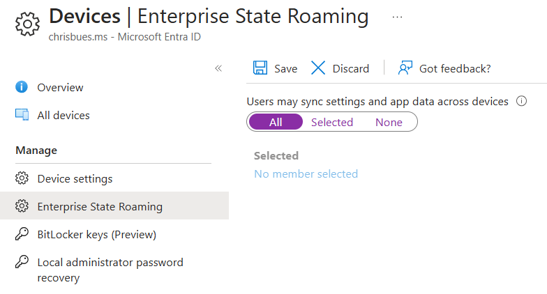 Enterprise State Roaming settings page on a Microsoft Entra ID interface, with options to save or discard changes.
