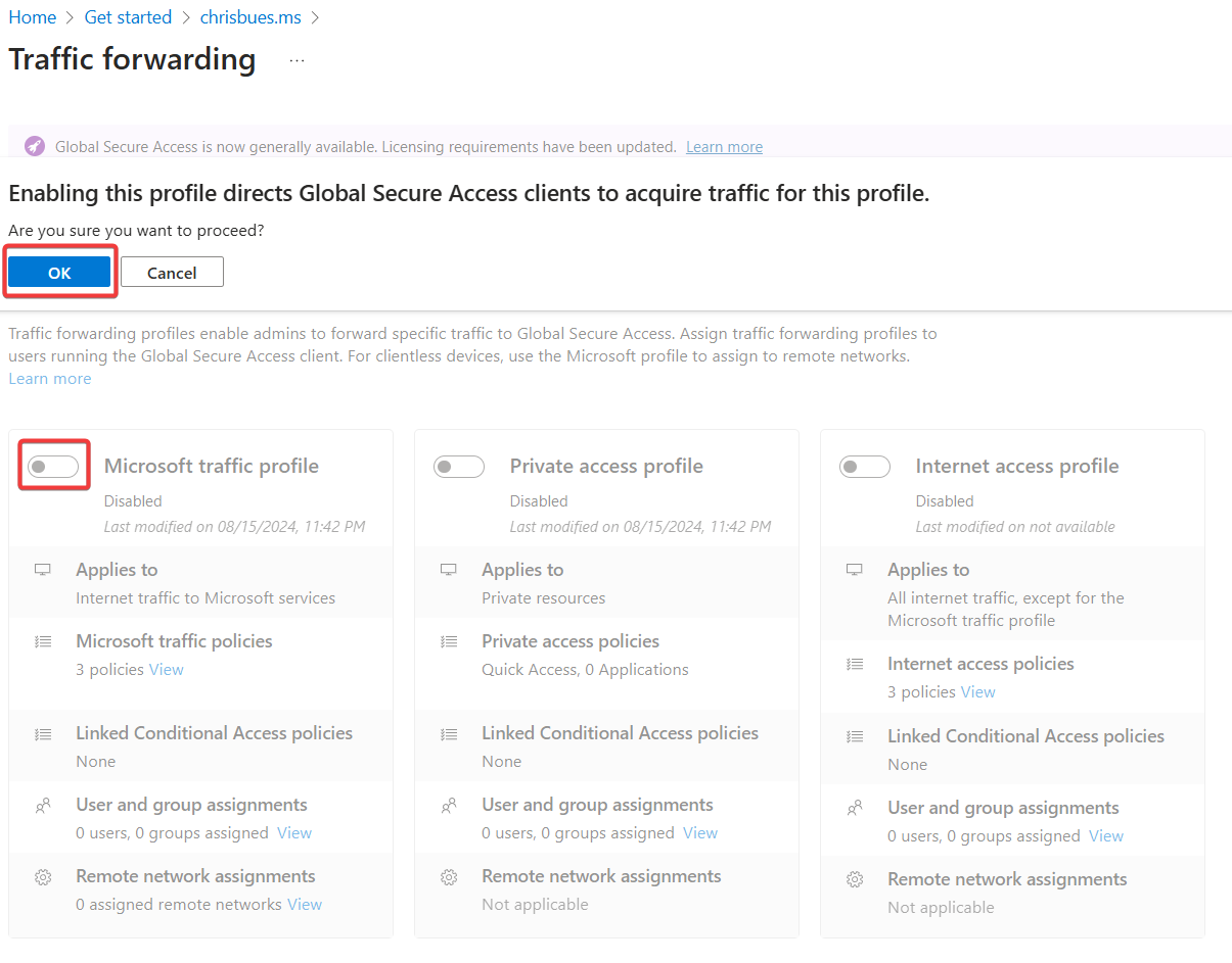 Interface with traffic profiles for Microsoft and Internet access, including policy and user assignment options.