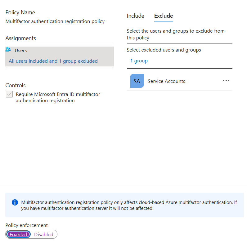 Multifactor authentication registration policy interface with user inclusion/exclusion controls and policy enforcement toggle.