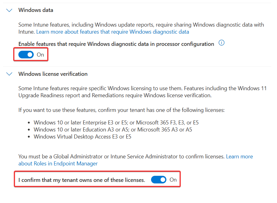 UI settings for Windows data and license verification with toggles set to ‘On’.
